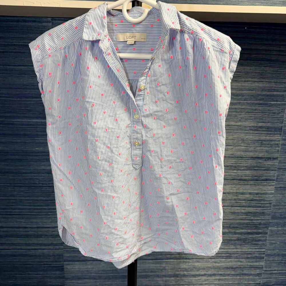 LOFT Petite XXSP Blue White Striped Pink Embroidered Dot Popover Blouse